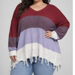 Rue21 Multicolor Striped Distressed Knit Sweater XL Fringe Hem Boho Cozy